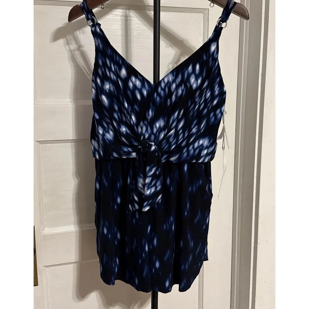 Magicsuit Womens Blue Multi Indigo V-Neck Tie Dye Kami Swim Dress Size 10 Pocket